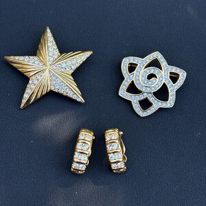 Lot 3 Swarovski Rhinestone Brooch Earrings Gold Tone Pave Vintage READ